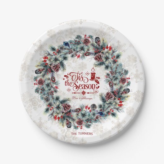 Assiettes En Carton Wreath 'Tis Season Monogramme (Devant)