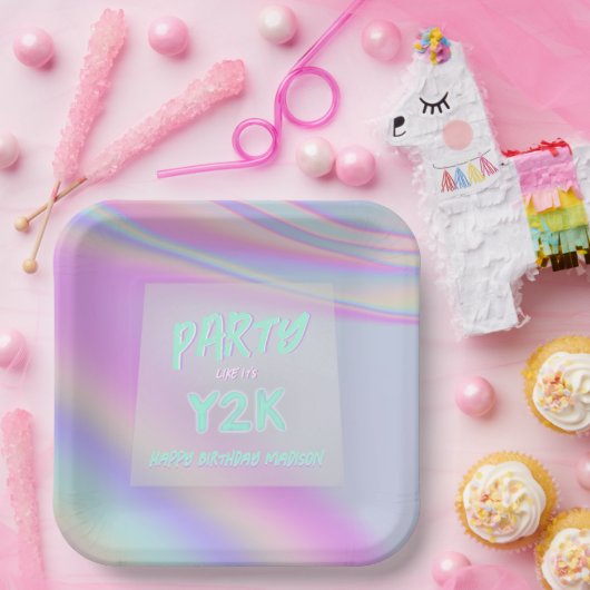 Assiettes En Carton Y2K iridescente arc-en-ciel heureux anniversaire p (Fête)