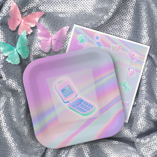 Assiettes En Carton Y2K téléphone portable texte iridescente heureux n