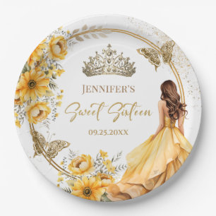 Assiettes En Carton Yellow Gold Girl Princess Tiara Floral Sweet 16