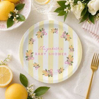 Assiettes En Carton Yellow Stripe Pink Lemon Baby Shower