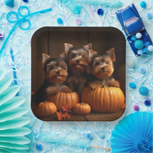 Assiettes En Carton Yorkshire Terrier Chiot Automne Citrouille délice (Fête)