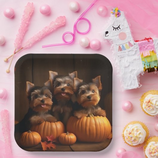 Assiettes En Carton Yorkshire Terrier Chiot Automne Citrouille délice (Fête)