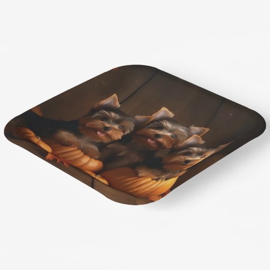 Assiettes En Carton Yorkshire Terrier Chiot Automne Citrouille délice (Angulaire)