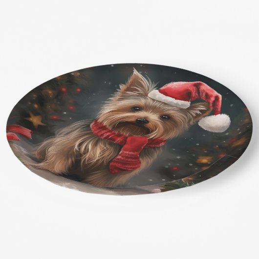 Assiettes En Carton Yorkshire Terrier Dog dans la neige Noël (Angle)