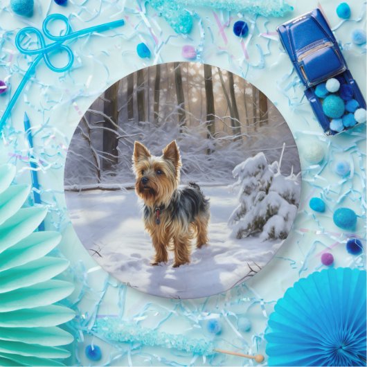 Assiettes En Carton Yorkshire Terrier Laisser Neige Noël (Fête)