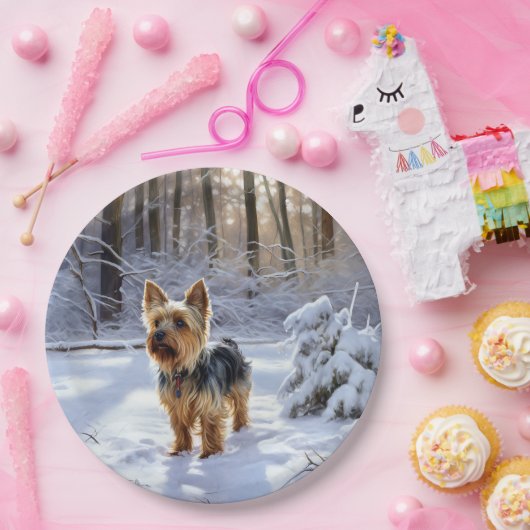 Assiettes En Carton Yorkshire Terrier Laisser Neige Noël (Fête)