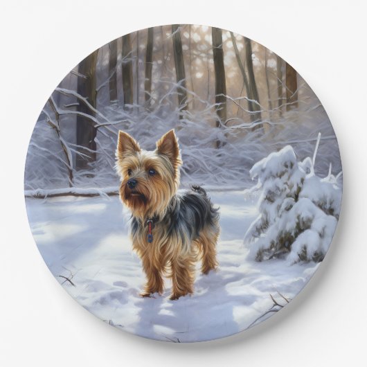 Assiettes En Carton Yorkshire Terrier Laisser Neige Noël (Devant)