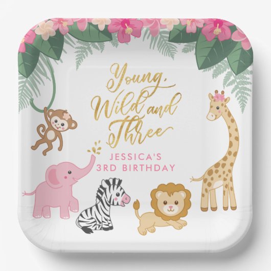 Assiettes En Carton Young Wild and Three - Pink Safari Girl's 3rd (Recto)