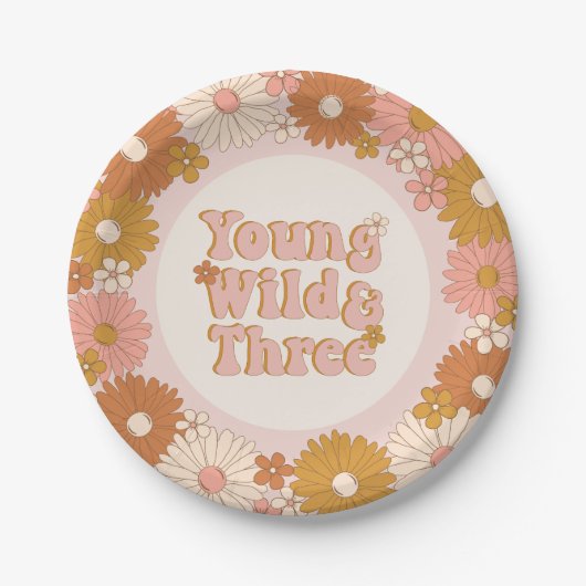 Assiettes En Carton Young Wild et Three Retro Daisy 3e anniversaire (Devant)