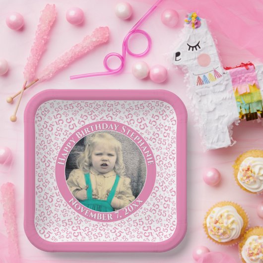 Assiettes En Carton Your Photo 55 Random Number Pattern Pink/White (Fête)
