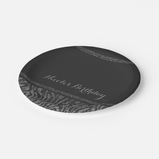 Assiettes En Carton Zebra Sparkle Silver Black Glam Chic Elegant Party (Angle)