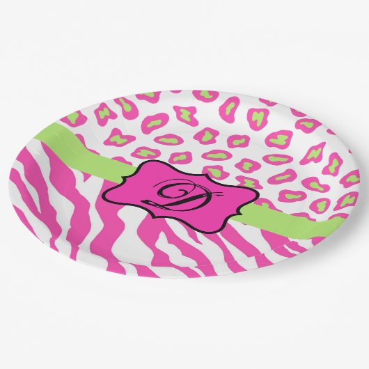 Assiettes En Carton Zèbre blanc rose chaud Léopard Monogramme de peau  (Angle)