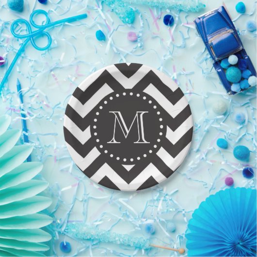 Assiettes En Carton Zigzag noir et blanc Chevron Monogramme (Fête)