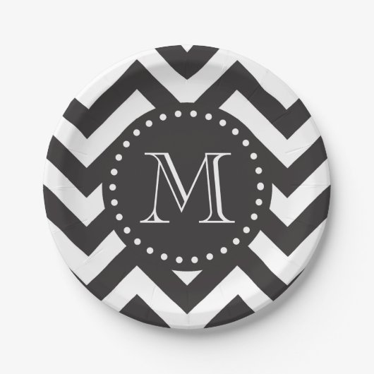 Assiettes En Carton Zigzag noir et blanc Chevron Monogramme (Devant)
