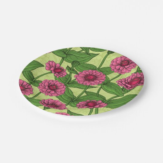 Assiettes En Carton Zinnias rose sur vert clair (Angle)