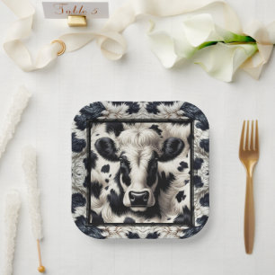 Assiettes En Carton Zones de vache noir et blanc Zones de vache fourru
