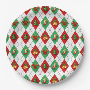assiettes en papier à carreaux tartan de Noël