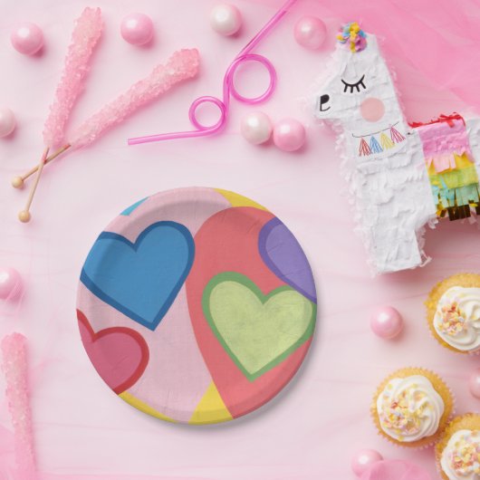 Assiettes en papier à cœurs superposés colorés (Fête)