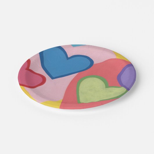 Assiettes en papier à cœurs superposés colorés (Angle)