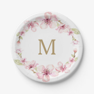 Assiettes en papier à monogramme de fleurs de ceri