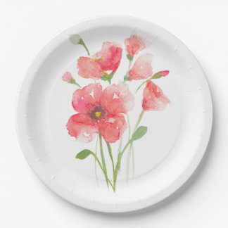 Assiettes en papier aquarelle coquelicots roses