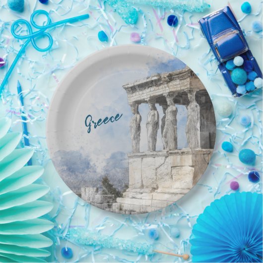 Assiettes en papier aquarelle des ruines d'Athènes (Fête)