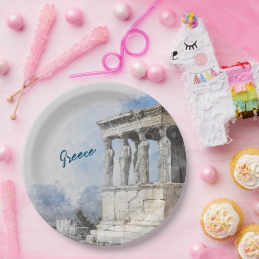 Assiettes en papier aquarelle des ruines d'Athènes (Fête)