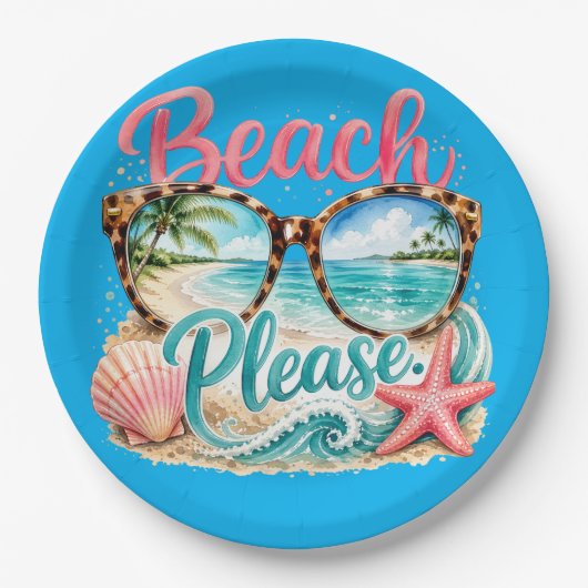 Assiettes en papier "Beach Please". (Devant)