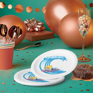 Assiettes en papier bleu vague garçon surfant