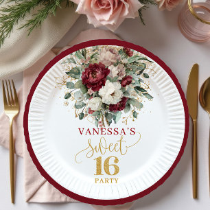Assiettes en Papier Burgundy Blush Sweet Sixteen É