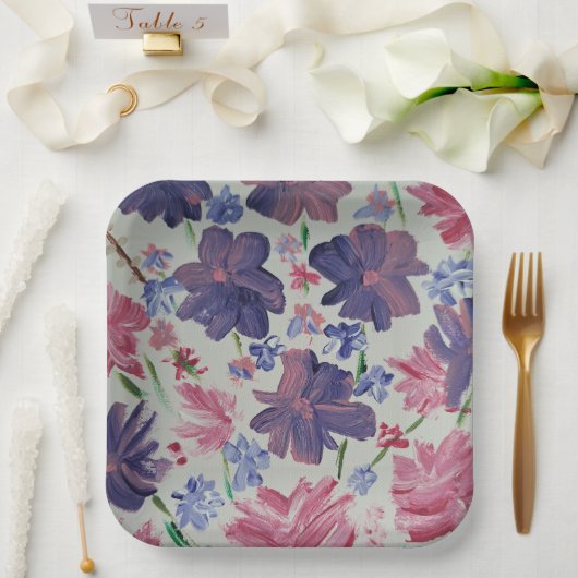 Assiettes en papier carrées 9" Fleur de Rosée Lune (Mariage)