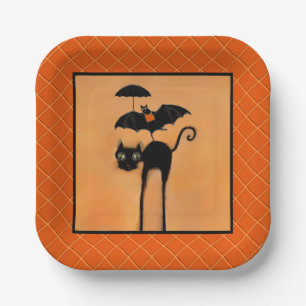 Assiettes en papier chat noir et chauve-souris pou