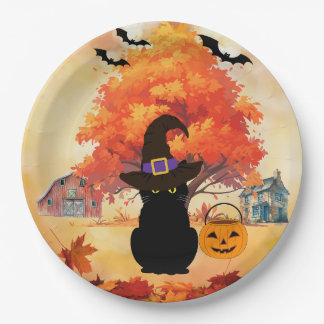 Assiettes en papier Chat Noir Halloween