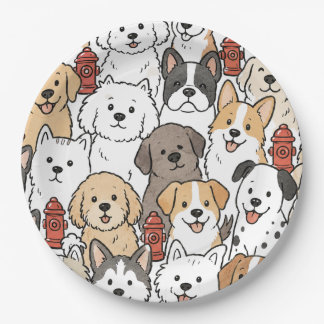 Assiettes en papier Chien toutou mignon et borne d