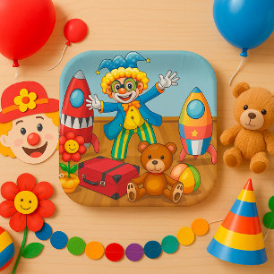 Assiettes en papier clown et jouets