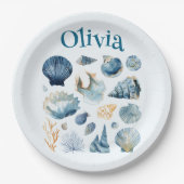 Assiettes en Papier Coquillage Bleu | Nom personna (Devant)