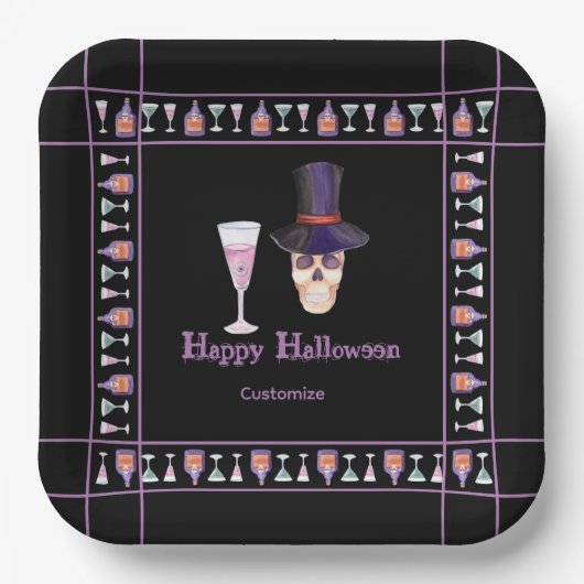 Assiettes en papier Crâne d'Halloween avec des pot (Recto)