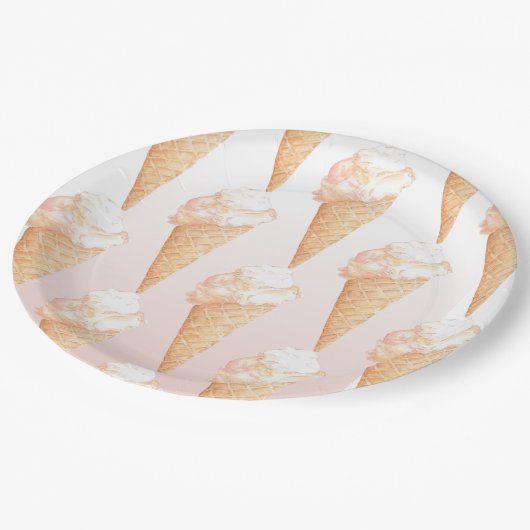 Assiettes en papier crème glacée rose aquarelle (Angle)