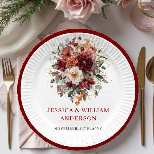 Assiettes en papier de mariage automnal bordeaux f