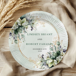 Assiettes en papier de mariage botanique vert saug