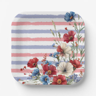 Assiettes en Papier Fête Fleurs et Rayures Patriot