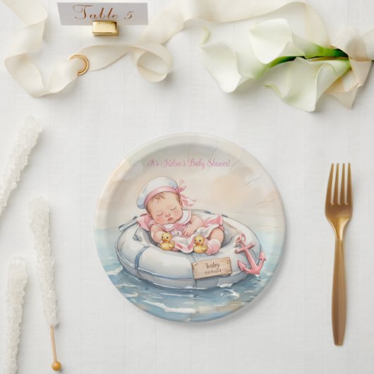 Assiettes en papier fille de marin bébé rose (Mariage)