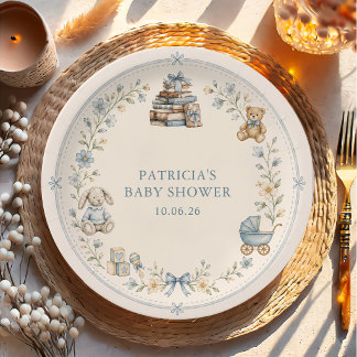 Assiettes en papier Fleurs Bleues pour Baby Shower