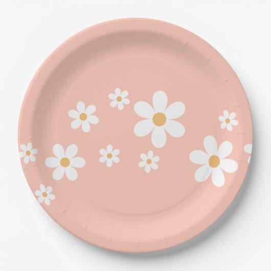 Assiettes en papier fleurs rose clair Retro Daisy (Devant)