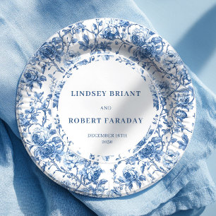 Assiettes en papier Fleurs Roses Bleu Marine pour
