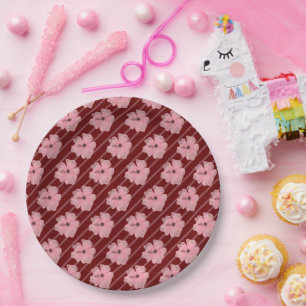Assiettes en papier fleurs roses et rayures