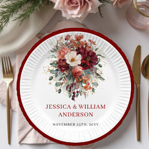 Assiettes en Papier Fleurs Rouge Profond Automnal