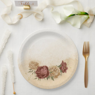 assiettes en papier fleurs verdure ton terre cuite