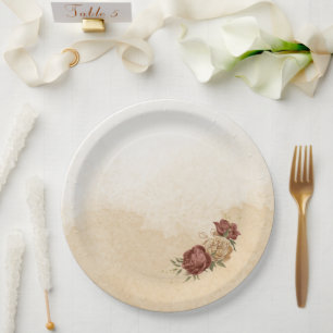 assiettes en papier fleurs verdure ton terre cuite